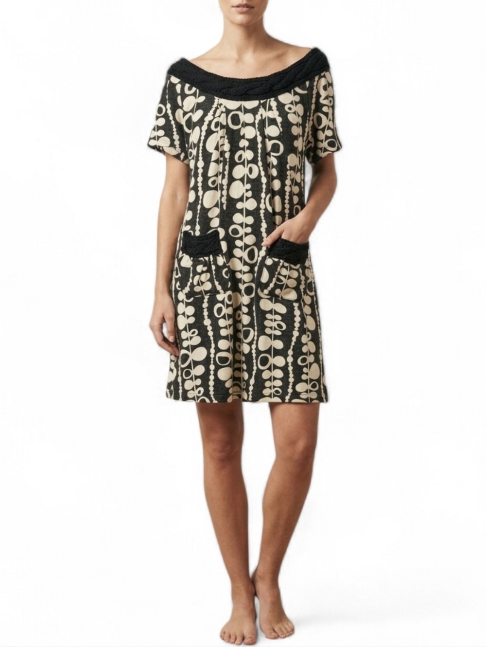 Mickie D Vintage Off Shoulder Abstract Floral Knit Mini Dress Gray Cream